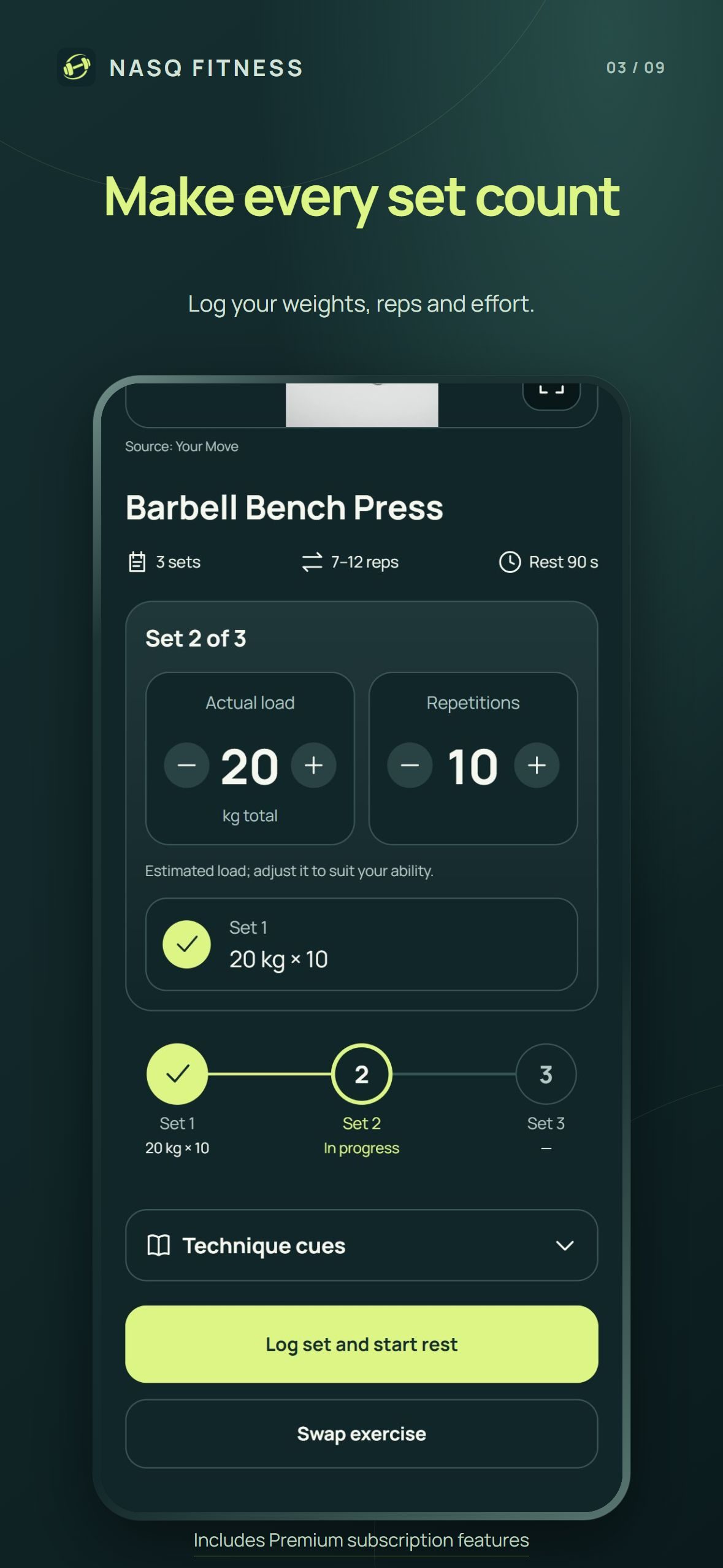 NASQ workout session showing weight, repetitions and set progress